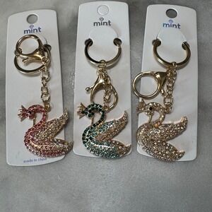 Mint Swan Rhinestone Keychain Bag Charm Choice of 1